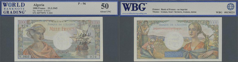 Algeria: 1000 Francs 1945, P.96, minor spots, otherwise perfect, WBG grading 50 ...