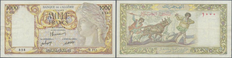 Algeria: 1000 Francs 1947 P. 104, light folds in paper, no holes, still nice col...