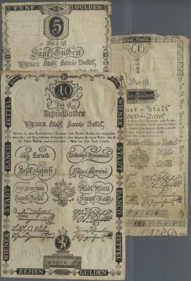 Austria: set of 3 notes containing 1 Gulden 1800 P. A29 (F-), 5 Gulden 1806 (F-)...