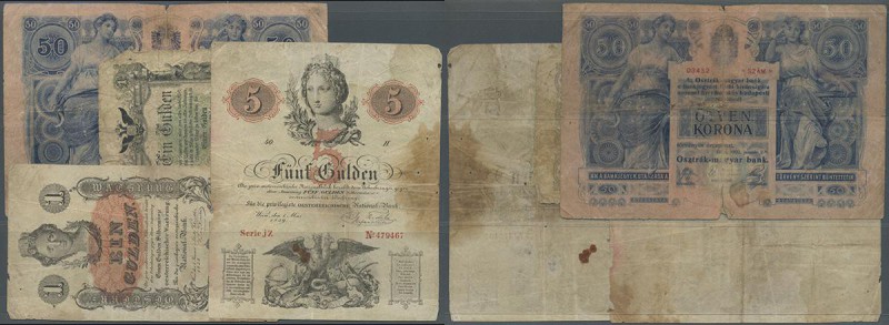 Austria: set of 4 banknotes containing 1 Gulden 1858 P. A84 (F), 5 Gulden 1859 P...