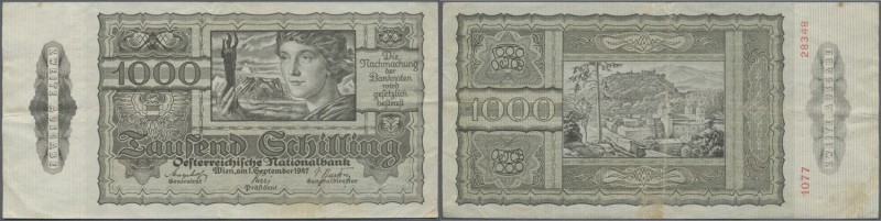 Austria: 1000 Schilling 1947 P. 125, stronger center fold, light vertical fold, ...