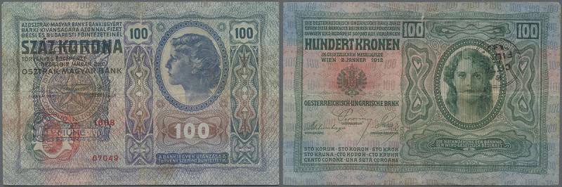 Austria: FIUME 100 Korona 1912 P. S102c with large stamp ovpt. at left, seldom s...