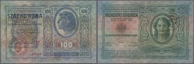 Austria: FIUME 100 Korona 1912 P. S102c with large stamp ovpt. at left, seldom seen, used note, tiny center hole, folds and a 1cm tear at upper border...