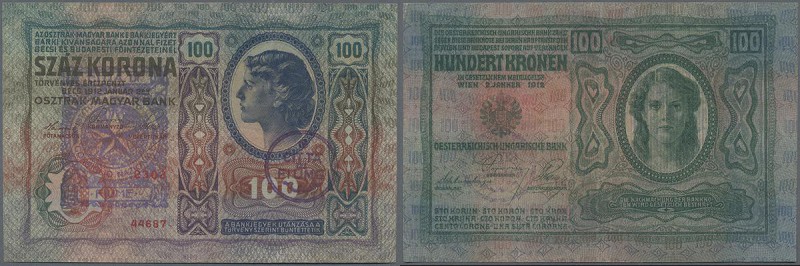 Austria: FIUME 100 Korona 1912 P. S115d withh large stamp ovpt. at left and addi...