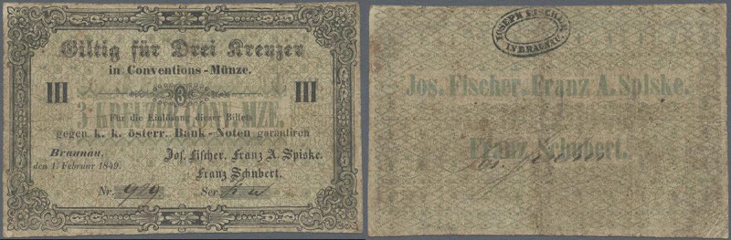 Austria: Braunau, 3 Kreuzer Conventions-Münze 1849, P.NL, stained paper with sev...