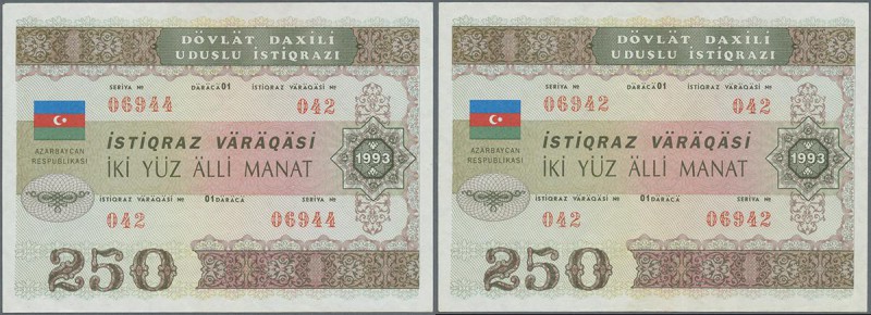 Azerbaijan: Pair of the 250 Manat 1993 State Loan Bonds, P.13A in almost perfect...