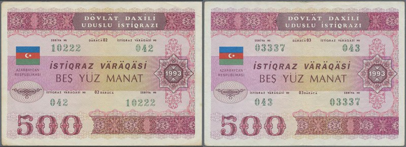Azerbaijan: Pair of the 500 Manat 1993 State Loan Bonds, P.13B, lightly toned pa...