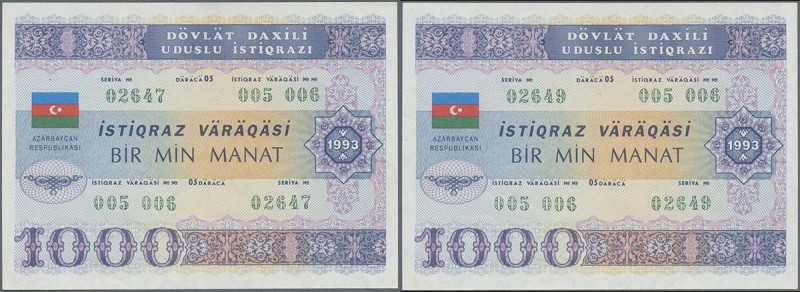 Azerbaijan: Pair of the 1000 Manat 1993 State Loan Bonds, P.13C in almost perfec...