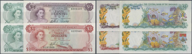Bahamas: set of 4 banknotes containing 1/2 Dollar L.1965 P. 17a (UNC), 3 Dollars...