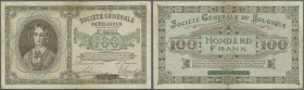 Belgium: 100 Francs 1915 P. 90, rare note, center fold and handling in paper, corner fold at upper right, no holes, tiny border tears but not repaired...