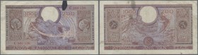 Belgium: 1000 Francs = 200 Belgas 1943 P. 125, used with folds and creases, an ink stain at upper border, but no holes or tears, still strongness in p...