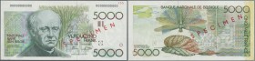Belgium: 5000 Francs ND(1982-97) Speicmen P. 145s, zero serial numbers, specimen overprint, glue residual from attachment on back at left, minor split...
