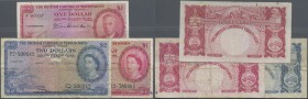 British Caribbean Territories: set of 3 banknotes containing 1 Dollar 1951 P. 1 (F+), 1 Dollar 1956 P. 7c (F-) and 2 Dollars 1960 P. 9b (F), nice set....