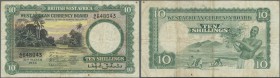 British West Africa: 10 Shillings 1953 P. 9a, used condition with several folds and creases, no holes or tears, still strong paper, nice colors, condi...