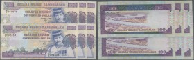 Brunei: set of 6 pcs 100 Ringgit 1990 P. 17, all in similar condition, used with folds and creases but no holes or tears, crispness left in paper and ...