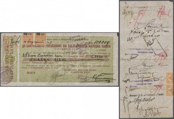 Bulgaria: 100.000 Leva 1922 P. 33C, 5 vertical folds, handling in paper, pinhole...