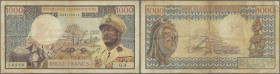 Central African Republic: 1000 Francs BOKASSA ND(1974) P. 2 in used condition with folds, stained paper, no holes or tears, no repairs, condition: F.