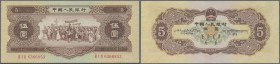 China: 5 Yuan 1956 P. 872, light center bend but crisp original paper and colors, original note with intaglio print in condition: XF+ to aUNC.