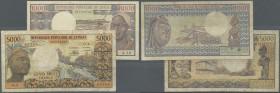Congo: Republique Populaire Du Congo 1000 Francs 1983 P.3e in F with small tear at lower margin and 5000 Francs 1970's P.4c also in Fine condition wit...