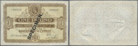 Cyprus: 1 Pound 1914 Specimen, P.5s, repaired tears at left border (2 cm) and right border (3 cm), except this, no other damages. Very Rare!