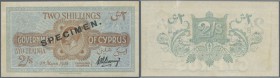Cyprus: 2 Shillings 1920 Specimen, P.15s, tiny tear at upper margin, soft horizontal fold at center. Very Rare!