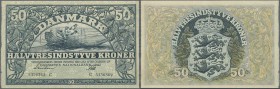 Denmark: 50 Kroner 1942 P. 32d with only a light center bend, crisp original paper, condition: XF+ to aUNC.