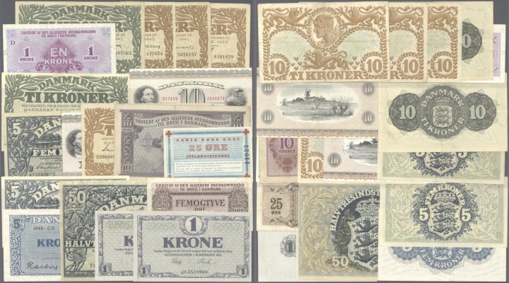 Denmark: set of 63 banknotes containing 1 Kroner 1920 P. 12e (UNC), 5 Kroner 194...