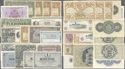 Denmark: set of 63 banknotes containing 1 Kroner 1920 P. 12e (UNC), 5 Kroner 1942 P. 30h (XF), 10 Kroner 1941 P. 31i (aUNC), 50 Kroner 1942 P. 32d (XF...