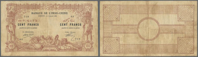 Djibouti: 100 Francs 1920 Banque de l'Indochine P. 4, used with folds and crease...