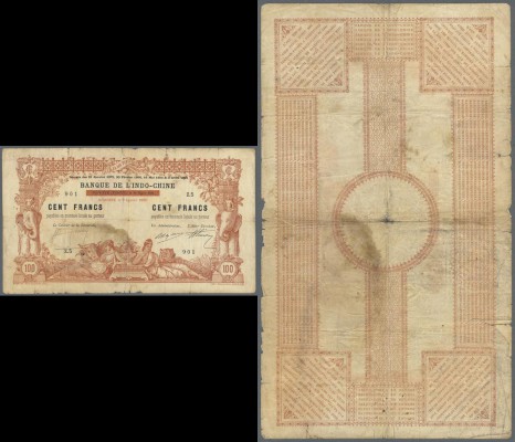 Djibouti: 100 Francs 1920 on Banque de l'Indochine 1914 P. 4a, a bit stronger us...