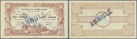 Djibouti: 100 Francs 1920 Banque de l'Indochine P. 5 with ”Annule” stamp on front and back, a few pinholes, center fold, crisp original paper without ...