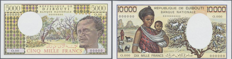 Djibouti: rare set of 3 specimen notes containing 1000, 500 and 10.000 Francs ND...