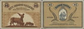 Estonia: 10 Marka 1919 P. 46, light center fold and light handling in paper, no holes or tears, crisp paper, condition: XF.