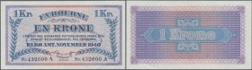 Faeroe Islands: 1 Kroner 1940 P. 9, one light center bend, one corner bend, otherwise perfect crisp original with bright colors, condition: XF+.