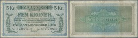 Faeroe Islands: 5 Kroner 1940 P. 10, several vertical folds but no holes or tears, paper still strong and colors are original bright, condition: F.