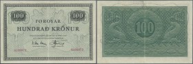 Faeroe Islands: 100 Kroner ND(1952-63) P. 15, vertially folded, no holes or tears, crispness in paper, condition: VF+.