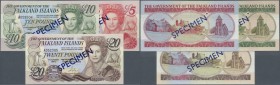 Falkland Islands: set of 3 SPECIMEN banknotes containing 5 Pounds 1983 P. 12s, 10 Pounds 1986 P. 14s and 20 Pounds 1984 P. 16s, all in condition: UNC....