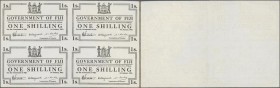 Fiji: Uncut sheet of 4 Notes 1 Shilling 1942, P.49a with a few brownish spots along the borders, otherwise without folds or other damages. Condition: ...