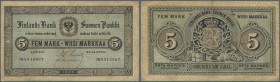 Finland: 5 Markkaa 1886 P. A50, used with several folds and lightly stained paper, tiny center hole but no tears, not repaired, condition: F.