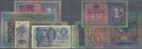 Fiume: Very interesting set with 4 contemporary forgeries of the Citta de Fiume stamps on 2, 2 x 10 and 100 Kronen notes, like P.S103, 107, 108, 115 f...