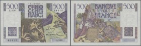 France: 500 Francs May 13th 1948, P.129b, excellent condition with two vertical folds at center and tiny pinholes at upper left. Condition: XF