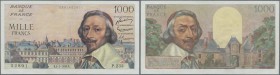 France: 1000 Francs 1956 P. 134a, very crisp original paper and bright colors, center bend, no holes, condition: XF.