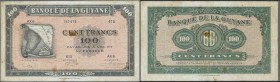 French Guiana: 100 Francs ND(1944) P. 13b, used with folds and creases, a few stain dots in paper, pinholes, no repairs, still strong paper and nice c...