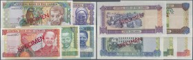 Gambia: set of 5 Specimen banknotes from 5 to 100 Dalasis ND P. 20s-24s, all with Specimen overprint and zero serial numbers, in condition: aUNC-UNC. ...