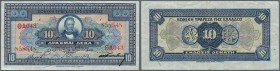 Greece: 10 Drachmai 1924 P. 88, used with folds and creases, still crispness in paper and original colors, no holes or tears, condition: F+ to VF-.