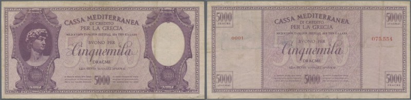 Greece: 5000 Drachmai ND(1941) P. M7, vertical and horizontal folds, 3 minor bor...