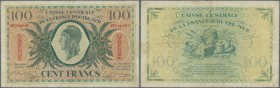 Guadeloupe: 100 francs ND P. 29a, used with several folds and creases in paper but no holes or tears, still nice colors, condition: F.