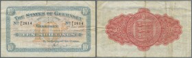 Guernsey: 10 Shillings 1939 P. 15 with horizontal and vertical folds, no holes, a 5mm tear at upper border along the center fold, still strong paper a...