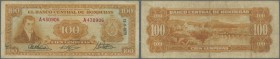 Honduras: 100 Lempiras 1972 P. 49d, used with folds and creases, stained paper, 2 pinholes, but no tears, still nice colors, condition: F.