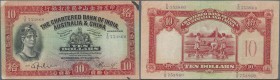 Hong Kong: 10 Dollars 1941 P. 55, used with folds, paper abrasion at upper left corner, ink stain at upper right corner, no holes, still nice colors, ...